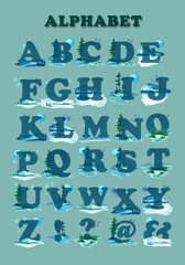Set of watercolor English letters on a turquoise background of nature, mountains, lake, forest, sky.Suitable for poster printing, for teaching children, for design works.