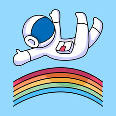cute astronaut jumping on rainbow cartoon design