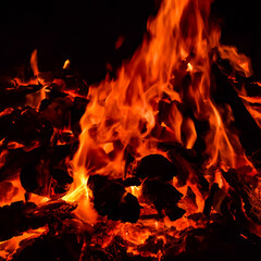 Fire flames on black background, Blaze fire flame texture background, Beautifully, the fire is burning, Fire flames with wood and cow dung bonfire