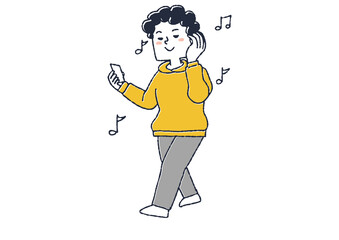 音楽に合わせステップを踏む男性　ポッドキャストで音楽やbgmを楽しむ人々