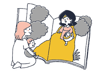 子供に童話を読み聞かせする母親　読書を楽しみ様々な疑似体験をする人々