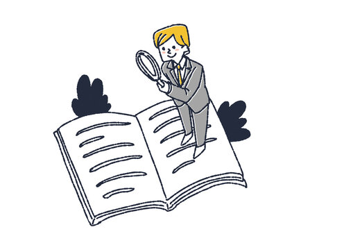 本の中からビジネスアイディアを探す男性　読書を楽しみ様々な疑似体験をする人々