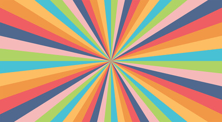 Abstract explosion background in colorful rainbow gradient. Glare effect. Sunshine sparkle pattern. Vector illustration of a radial ray. Narrow beam. For backdrops, posters, banners, and covers.