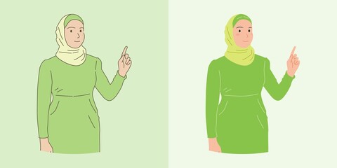 Muslim woman pointing finger at copy space, hand drawn with flat and outline style illustrations
