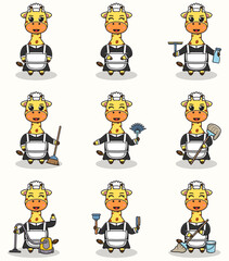 Vector illustration of cute Giraffe with maid uniform. Animal character design. Giraffe with cleaning equipment. Set of cute Giraffe characters.