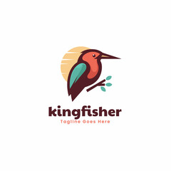 Vector Logo Illustration Kingfisher Bird Simple Mascot Style.