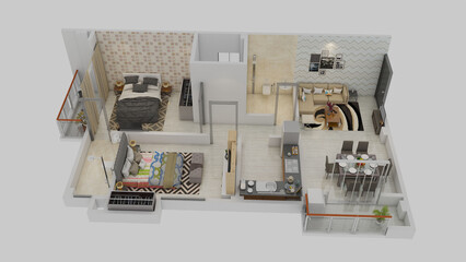 Floor plan top view. Residential apartment interior isolated on light grey background. 3D render Isometric View