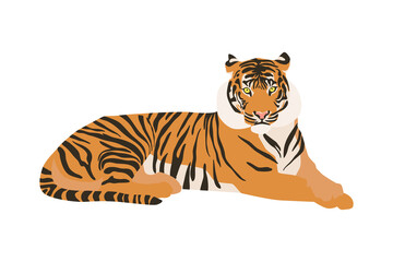 Fototapeta na wymiar Tiger animal laying in full grouth, flat style vector illustration