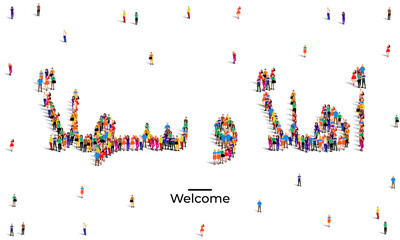 A large group of people form to create the word Ahlan Wa Sahlan in Arabic script. Ahlan Wa Sahlan means Welcome in Arabic. Vector illustration.