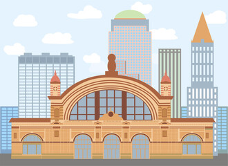 Frankfurt, Germany. The facade of the Frankfurt Hauptbahnhof railway station building. Germany architecture buildings and travel landmarks of Frankfurt. Vector flat illustration.