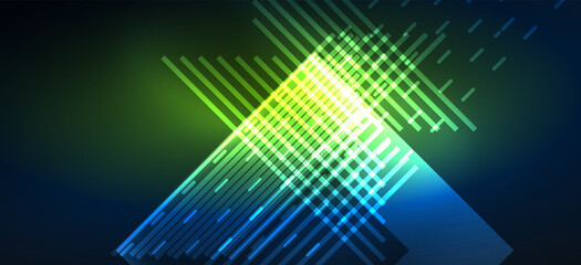 Background neon glowing lines and geometric shapes. Lights in the dark wallpaper for concept of AI technology, blockchain, digital, communication, 5G, science