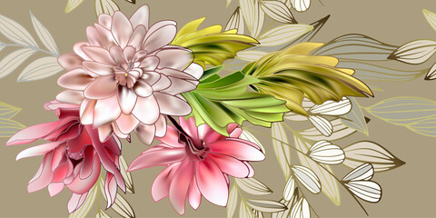 Vector seamless pattern dahlia bouquet. Exotic botanical background design for cosmetics, spa, textile. Best as wrapping paper, wallpaper.