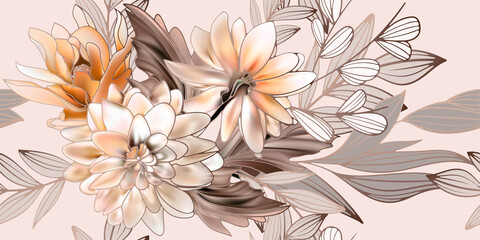 Vector seamless pattern dahlia bouquet. Exotic botanical background design for cosmetics, spa, textile. Best as wrapping paper, wallpaper.