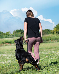 woman and rottweiler in nature