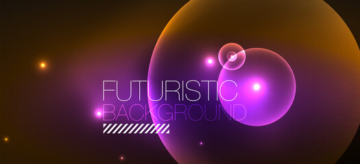 Shiny neon geometric abstract background. Glowing lights on round shapes, triangles and circles. Wallpaper for concept of AI technology, blockchain, communication, 5G, science, business