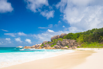 Fototapeta na wymiar Grand Anse beach on far side of La Digue island, Seychelles