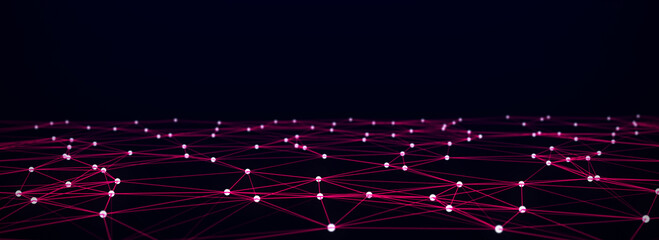 Pink network connection technology. Abstract background with points and lines. Digital futuristic backdrop. Big data visualisation. 3D rendering.