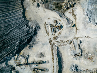 Mining Quarry with Special Heavy Equipment Open Pit Excavation. Dolomite Mine. View From Above. Industrial Place Top View. 