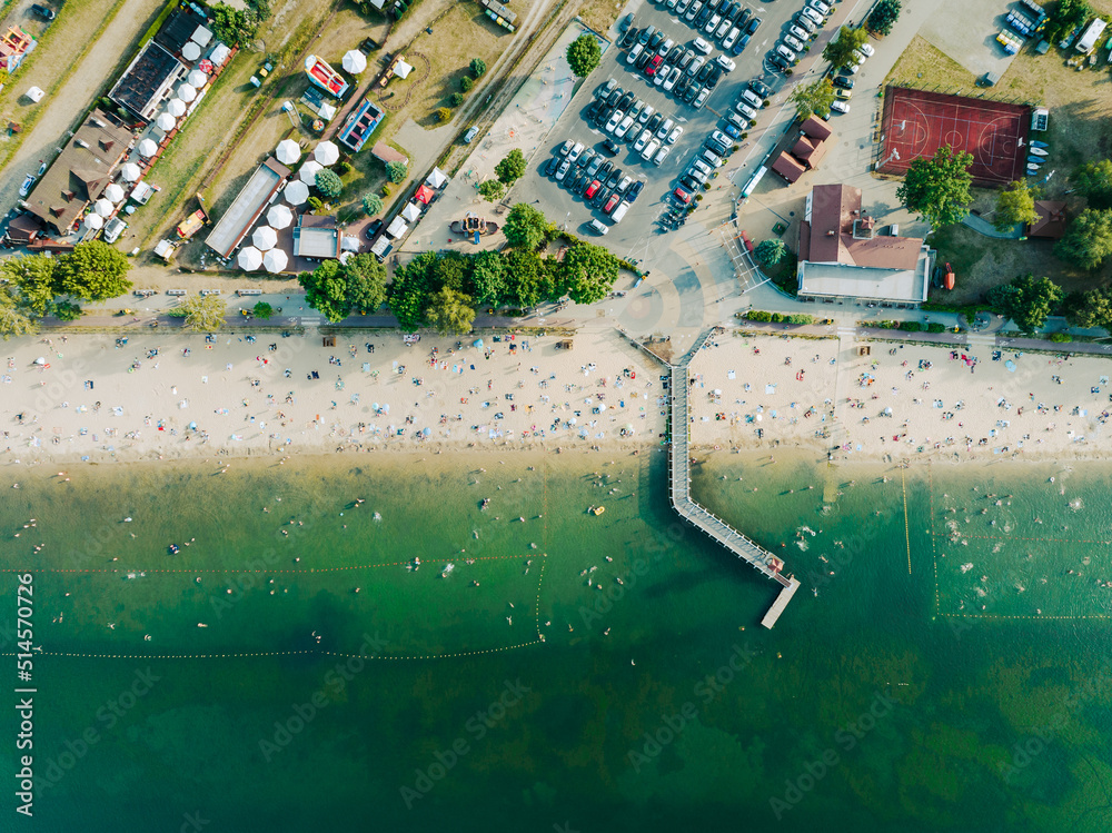 Sticker Beach on the Pogoria III lake in Dabrowa Górnicza. Poland. Aerial View.  