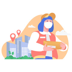 Illustration of a female courier delivering a package