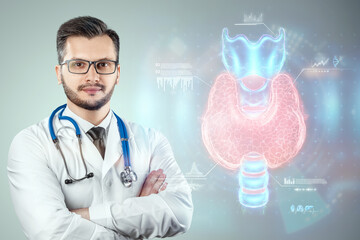 Thyroid gland, Doctor looks at a hologram or ultrasound of the patient's thyroid gland. Ultrasound...