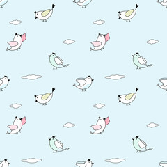 Vector - Abstract seamless pattern of cute bird flying on blue sky with cloud. Cartoon style. Can be use for print, paper, wrapping, fabric.