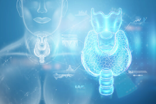 Thyroid gland, hologram on a blue background with medical indicators. Ultrasound diagnostics, thyroid diseases. 3D render, 3D illustration.