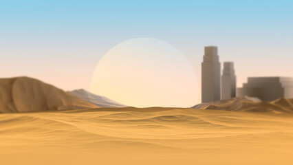 Desert sky-fi landscape. Futuristic mountains blur blur in the desert on the background of buildings and the planet. Abstract space desert. 3D render.
