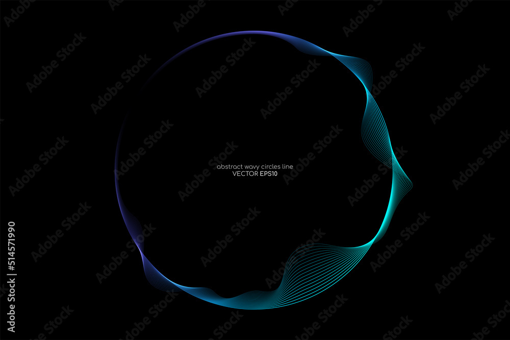 Poster Vector abstract circle frame with wave lines pattern flowing in blue green colors isolated on black background in concept of music, technology, ai