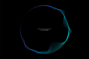 Vector abstract circle frame with wave lines pattern flowing in blue green colors isolated on black background in concept of music, technology, ai - obrazy, fototapety, plakaty