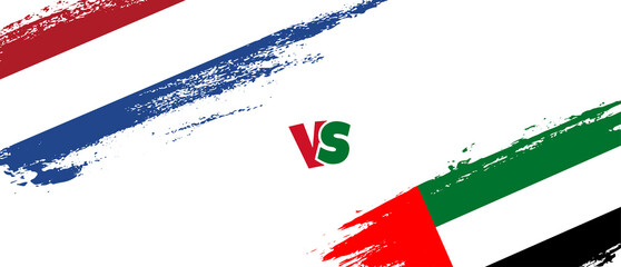 Creative Netherlands vs United Arab Emirates brush flag illustration. Artistic brush style two country flags relationship background