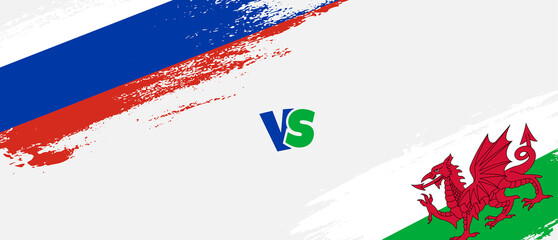 Creative Russia vs Wales brush flag illustration. Artistic brush style two country flags relationship background