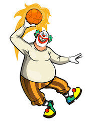 Cartoon illustration of A Man wearing scary clown costume and playing basketball, dunking a Ball with fire effect, best for sticker, logo, and mascot with street basketball themes