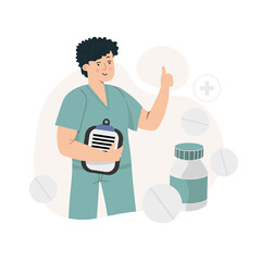 A medical professional gives pills prescribed to patients, against the background of an abstraction