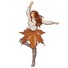 Obraz premium Red Hair Autumn Girl With Autumn Leaf Background Hand Drawn Illustration 