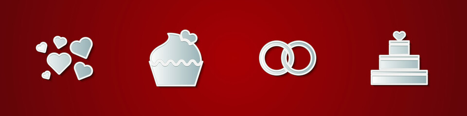 Set Heart, Wedding cake with heart, rings and icon. Vector