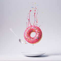 ink frosted donut with colorful sprinkles drop on the White plate isolate on color background. 3d...