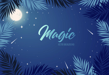Fototapeta na wymiar Magic blue background with moon, leaves, stars, place for text. Astrological banner with stars, cosmic pattern. Vector illustration