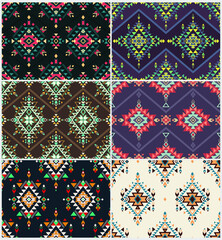 Aztec geometric backgrounds. Set of six ethnic seamless patterns. Stylish navajo design. Modern handmade abstract wallpaper. Vector illustration.