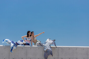 Fototapeta na wymiar 夏の海の海岸でマーメイドを練習して遊んでいる二人の女性の姿