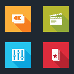 Set 4k Ultra HD, Movie clapper, Sound mixer controller and Cinema ticket icon. Vector