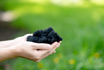 Hands holding black polyester staple fiber with blur green grass background