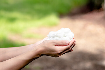 Hands holding polyester staple fiber with blur green grass background