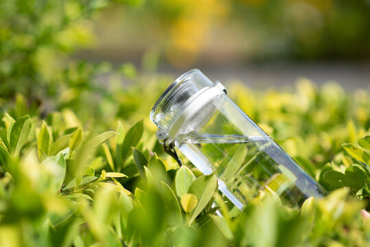 Closeup of recycled plastic water bottles on green leaves with green blurred background.