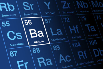 Barium, on periodic table of the elements. Alkaline earth metal, with symbol Ba, and atomic number 56. Barium sulfate is used as X-ray radiocontrast agent for imaging the human gastrointestinal tract.