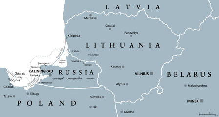 Lithuania and Kaliningrad, gray political map, with capitals and largest cities. Republic of Lithuania, an European and Baltic country, and Kaliningrad Oblast, a federal subject and exclave of Russia.