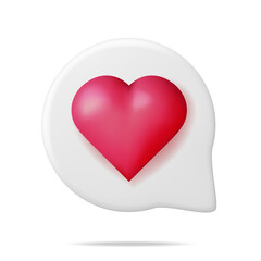 3D Like Icon with Heart Isolated. Social Media Notification Button. Love Like Symbol in White Rounded Pin. Rendering Chat Balloon Pin. Social Network Media App. Realistic Vector Illustration