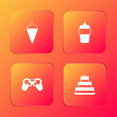 Set Ice cream in waffle cone, , Gamepad and Cake with burning candles icon. Vector