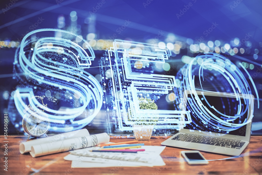 Aufkleber Double exposure of table with computer and seo drawing hologram. Search optimization concept.