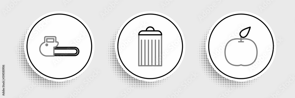 Poster set line apple, chainsaw and trash can icon. vector